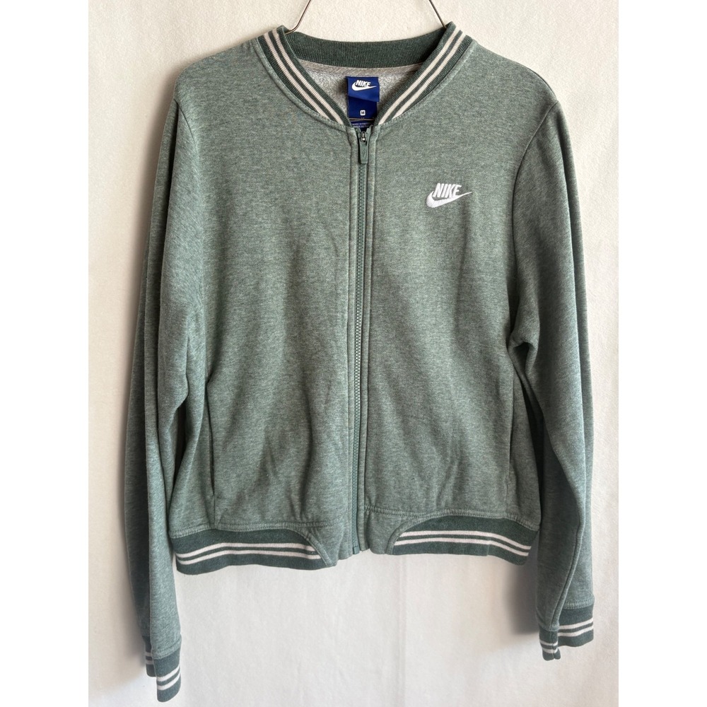 Nike Womens Full Zip Bomber Sweatshirt Green Varsity Stripe Logo Medium
